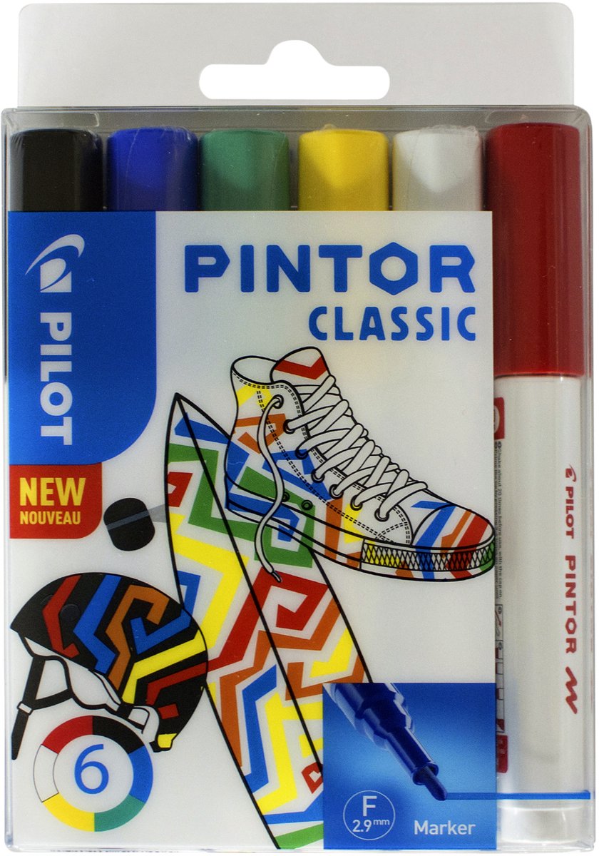 Coffret 6 stylos peinture Pilot Pintor - coffret classique - marqueur fin pointe 2,9 mm - encre à base d'eau - couvre toutes les surfaces, même les plus foncées - dessiner, colorier, décorer, marquer, écrire, calligraphier…