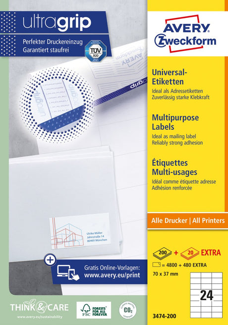 Avery witte etiketten quickpeel formaat 70 x 37 mm (b x h) 4.800 stuks 24 per blad doos van 200 blad