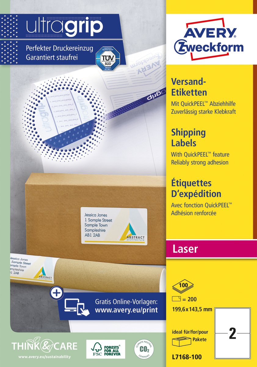 Étiquettes laser blanches Avery quickpeel boîte de 100 feuilles taille 1996 x 1435 mm (l x h) 200 pièces 2 par feuille