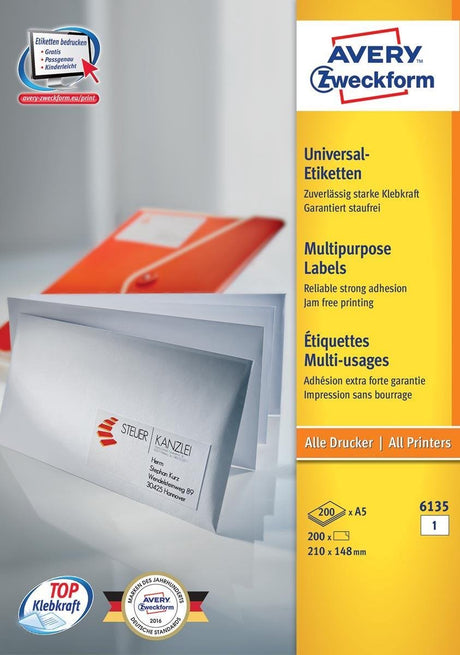 Avery zweckform étiquette avery acabit 210x148mm sur - feuille a5 boîte blanche 200 feuilles 1 et.