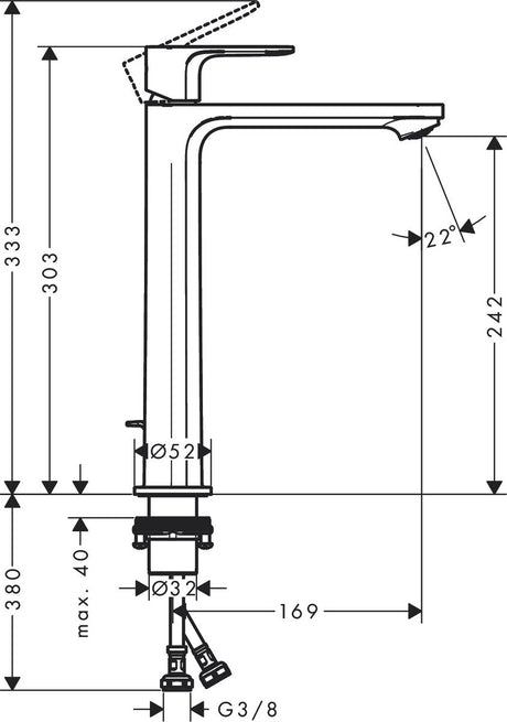 Hansgrohe rebris e - mitigeur de lavabo - commande monocommande - démarrage à froid à économie d'énergie - ecosmart+ économie d'eau - avec vidage - taille 240 mm - noir mat