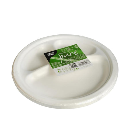 Papstar 12 assiettes canne à sucre pure 3 compartiments ø23cm