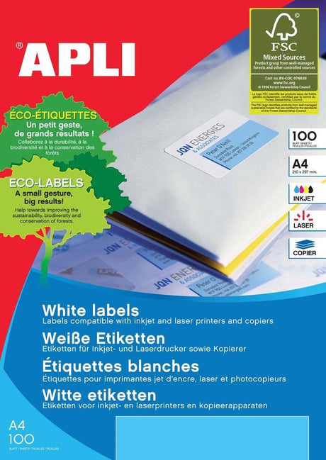 Étiquettes blanches Apli 63,5 x 46,6 mm (l x h), 1 800 pièces, 18 par feuille (2415)