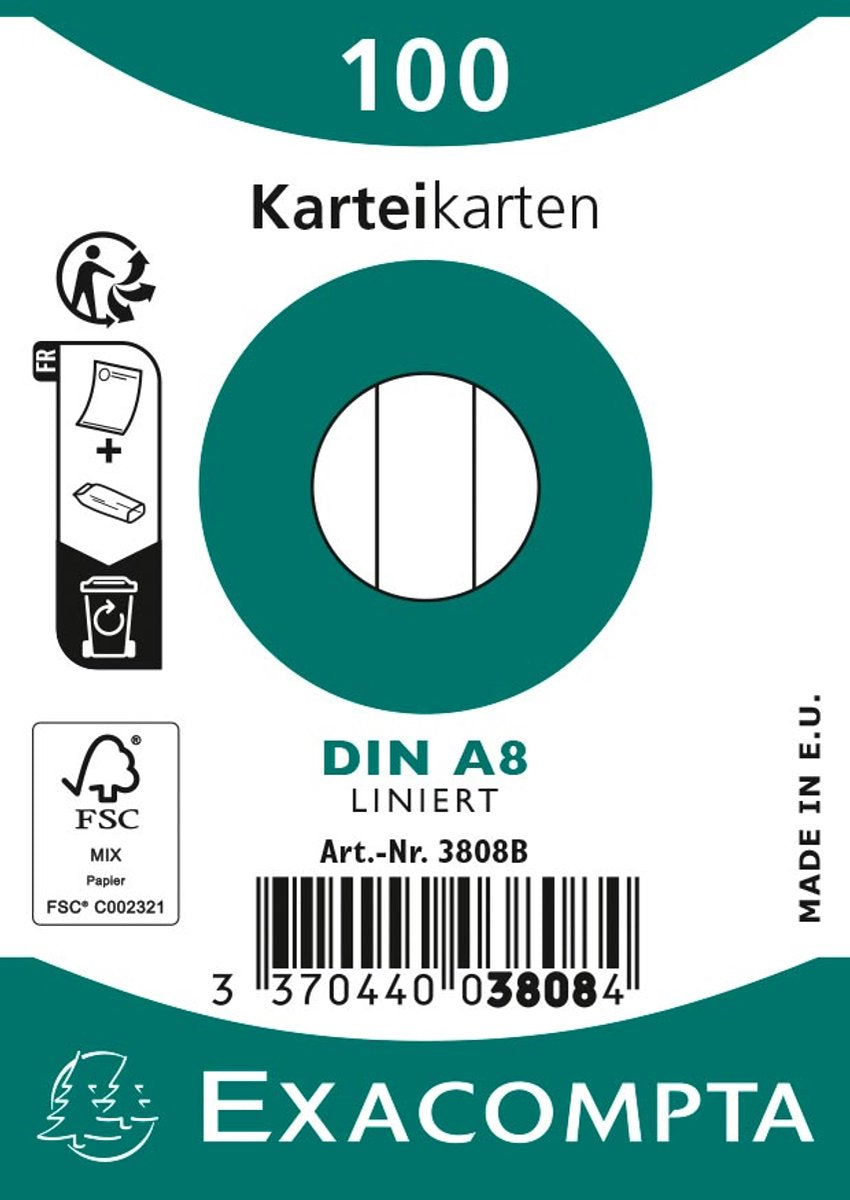 Exacompta 1x paquet de 100 fiches sous film - Bristol lignées non perforées 55x74mm, blanc