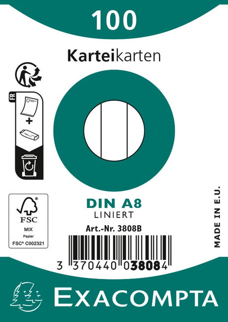 Exacompta 1x paquet de 100 fiches sous film - Bristol lignées non perforées 55x74mm, blanc