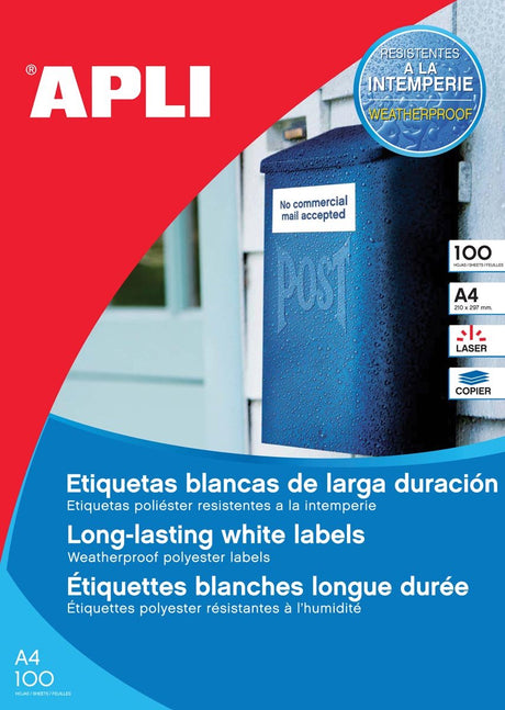 Etiquettes Apli résistantes aux intempéries format 210 x 297 mm (l x h) 100 pièces 1 par feuille carton de 100 feuilles