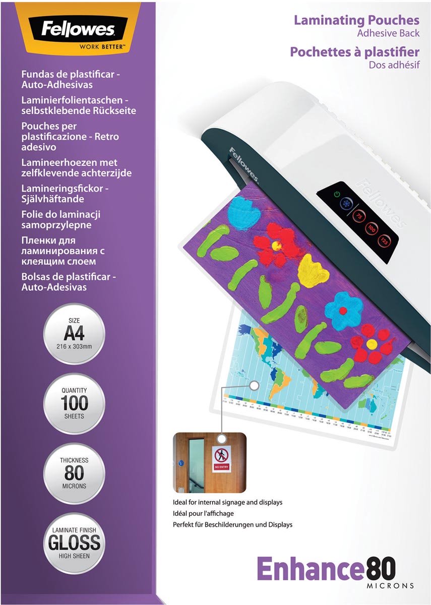 Pochettes de plastification Fellowes - a4 - autocollantes - 80 microns - 100 pièces