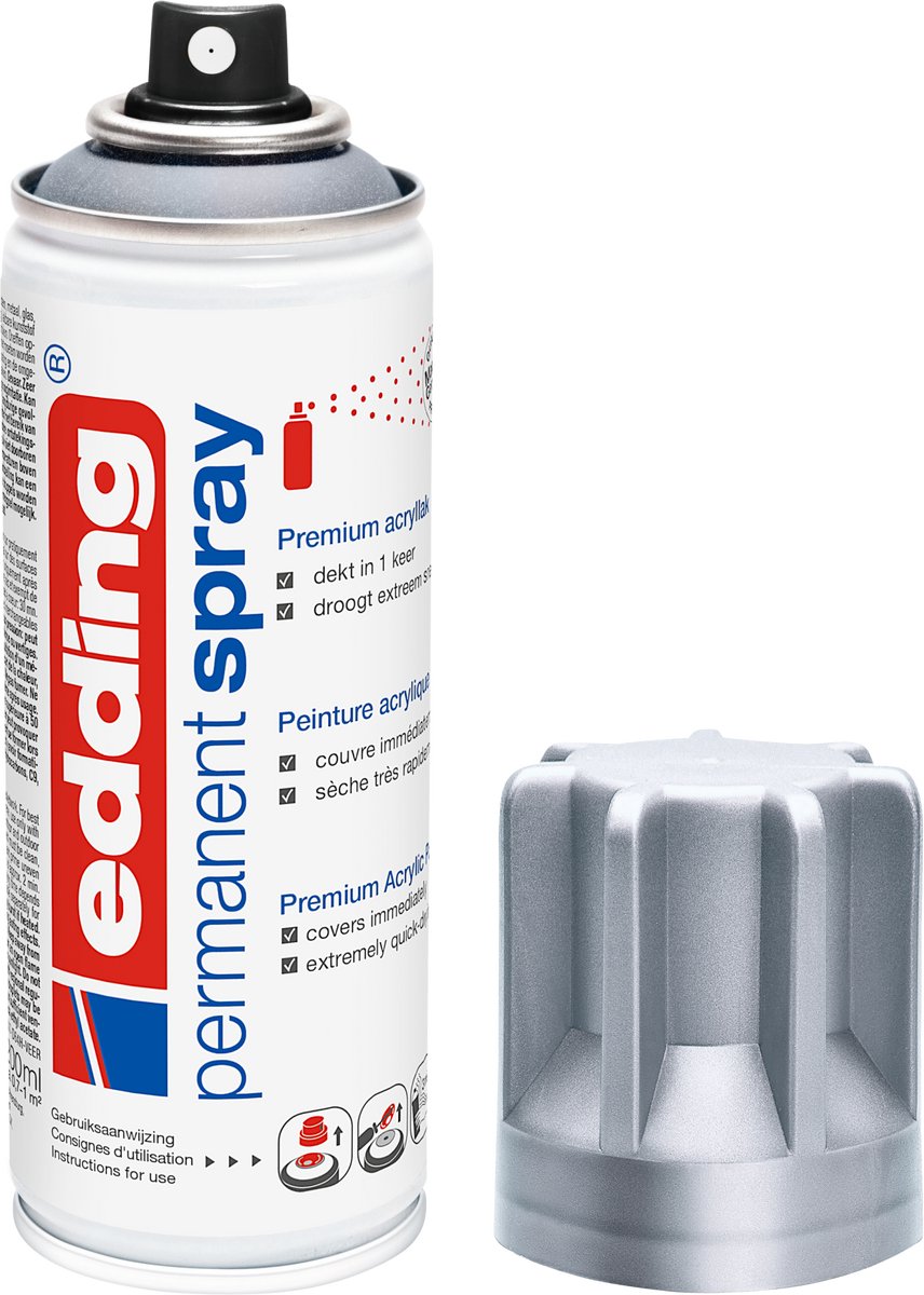 Edding 5200 spuitverf in spuitbus - zilver mat - 1 stuk - 200 ml verf - direct dekkend – 0,7-1 m2 oppervlak - acrylverf voor het lakken en versieren van glas, metaal, hout, keramiek, kunststof, canvas - permanent spray, verfspray