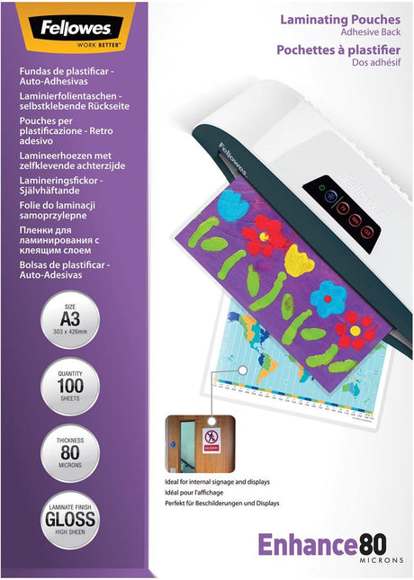 Fellowes pochettes de plastification a3 - dos autocollant - 80 microns - 100 pièces