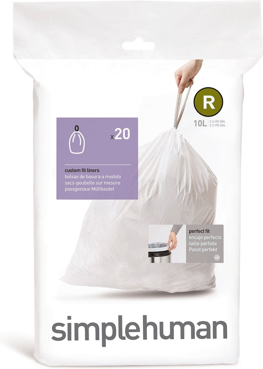 Sacs poubelle Simplehuman code r - 10 litres - 20 pièces - avec cordon de serrage - blanc
