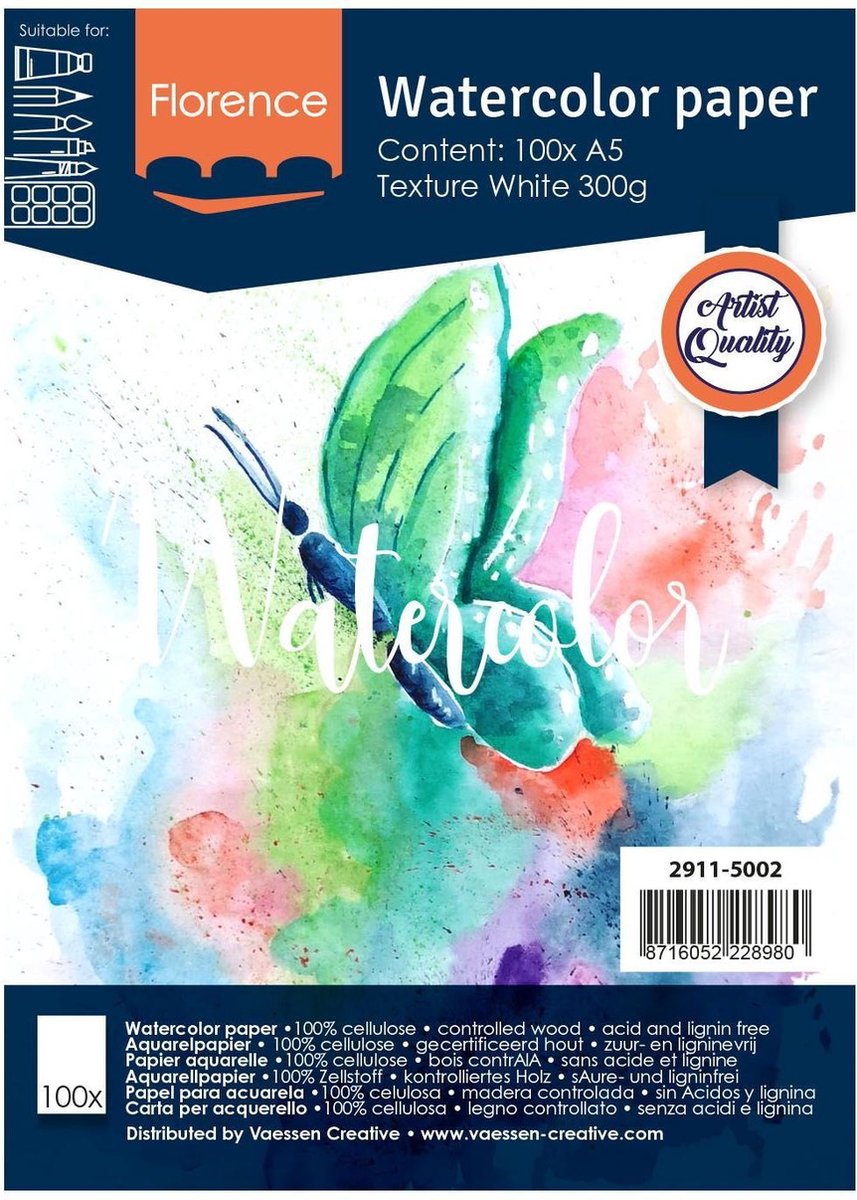Florence vaessen aquarelpapier - intens white - a5 - 300 grams - lichte structuur - texture - florence - 100 vellen