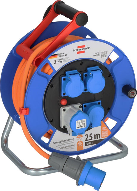 Enrouleur de câble de camping Brennerstuhl 25m garantie cee ip44 (enrouleur cee avec câble h07rn-f 3g2.5 en orange, enrouleur de câble pour utilisation permanente en extérieur ip44, fabriqué en Allemagne)