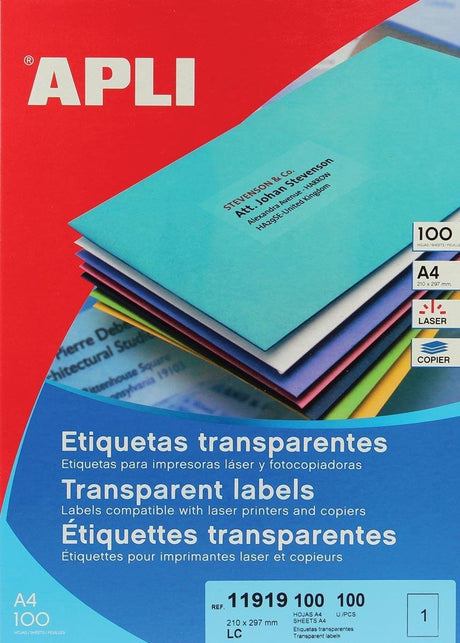 Étiquettes transparentes Apli format 210 x 297 mm (l x h) 100 pièces 1 par feuille boîte de 100 feuilles