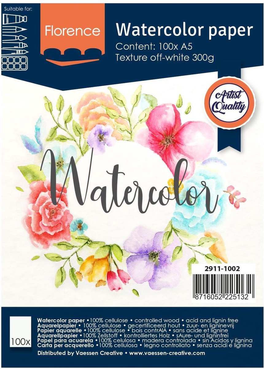 Florence vaessen aquarelpapier - off white - a5 - 300 grams - lichte structuur - texture - florence - 100 vellen