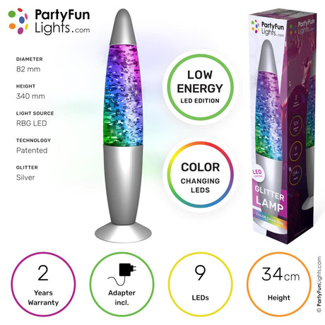 Partyfunlights - lampe à paillettes LED multicolore - technologie économe en énergie - change de couleur - hauteur 34 cm - incl. adaptateur