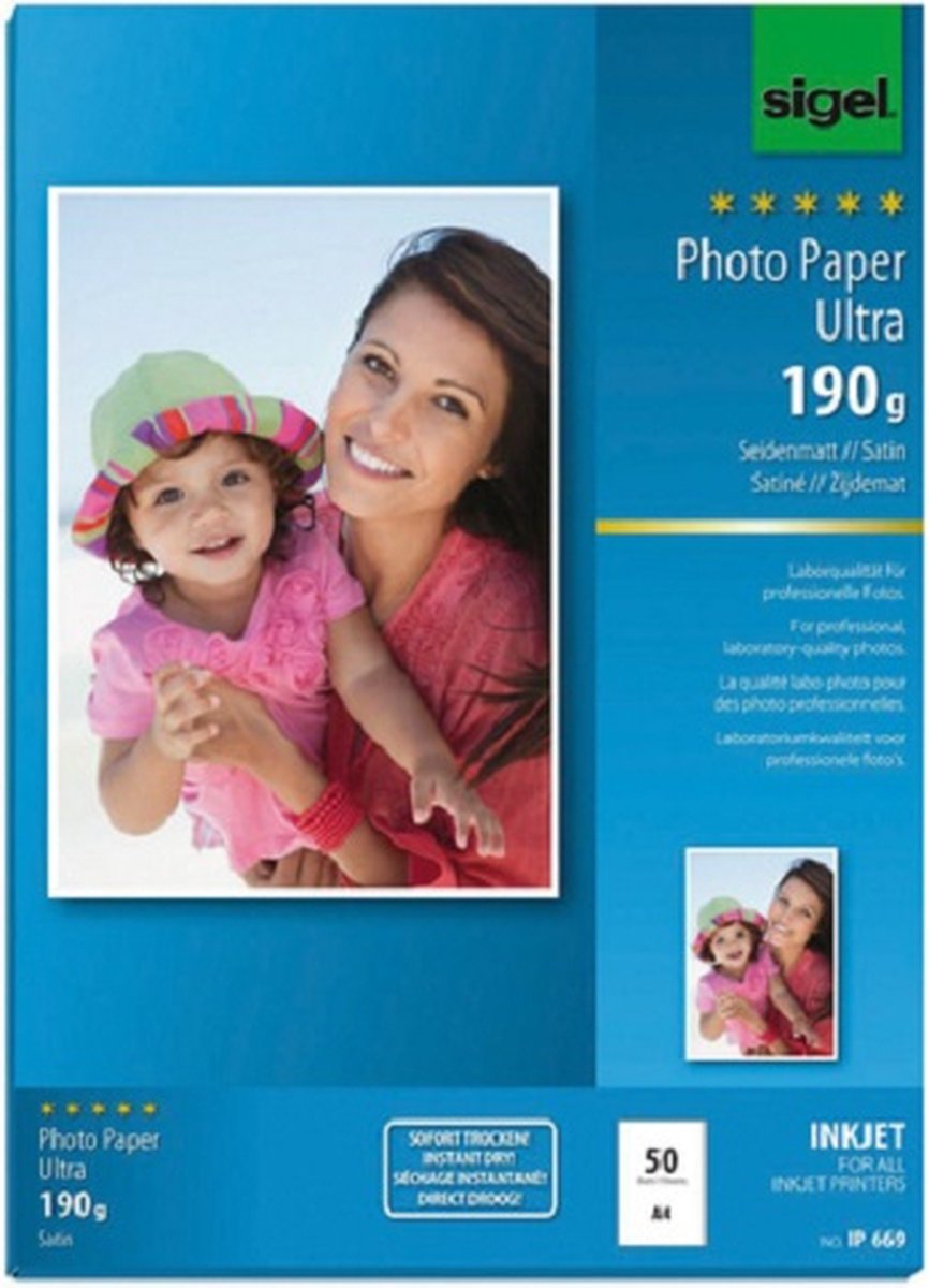 Papier photo jet d'encre Sigel - ultra - a4 - mat soyeux - 190 grammes - 50 feuilles - si-ip669