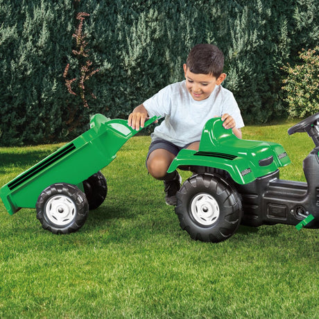 Tracteur à pédales Dolu avec remorque chargeur frontal, klaxon, vert et noir