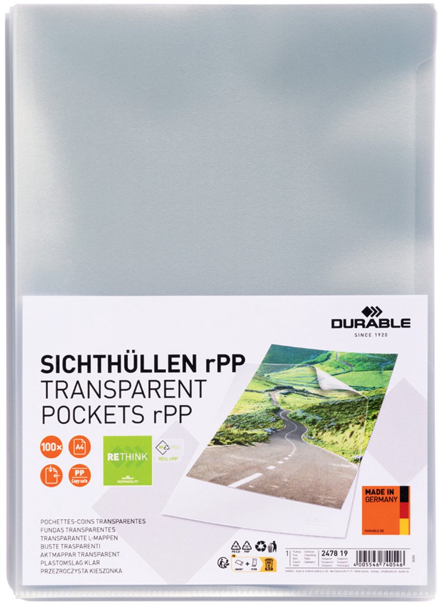 Sacs de visibilité durables standard rpp din a4 plastique recyclé, plastique 0,10 mm transparent 247819 100 pièce(s)