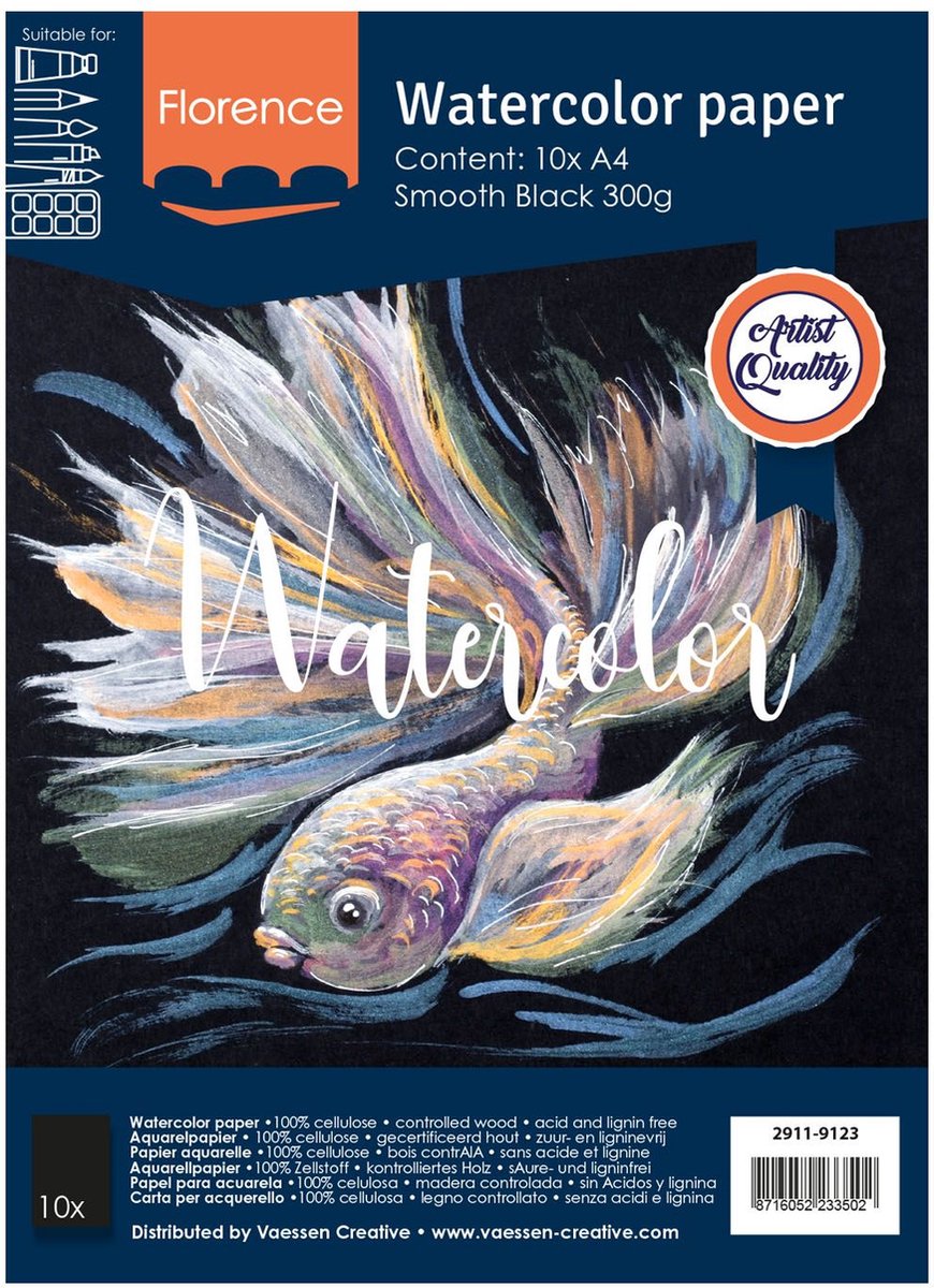 Florence vaessen aquarelpapier - zwart - a4 - 300 gram - smooth - gladde structuur - florence - 10 vellen