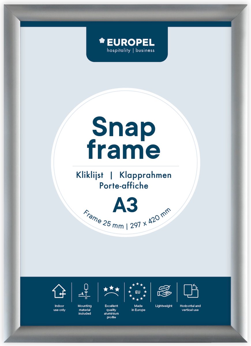 Europel kliklijst – posterlijst – a3 – 29,7 x 42 cm – 25mm – aluminium – zilver