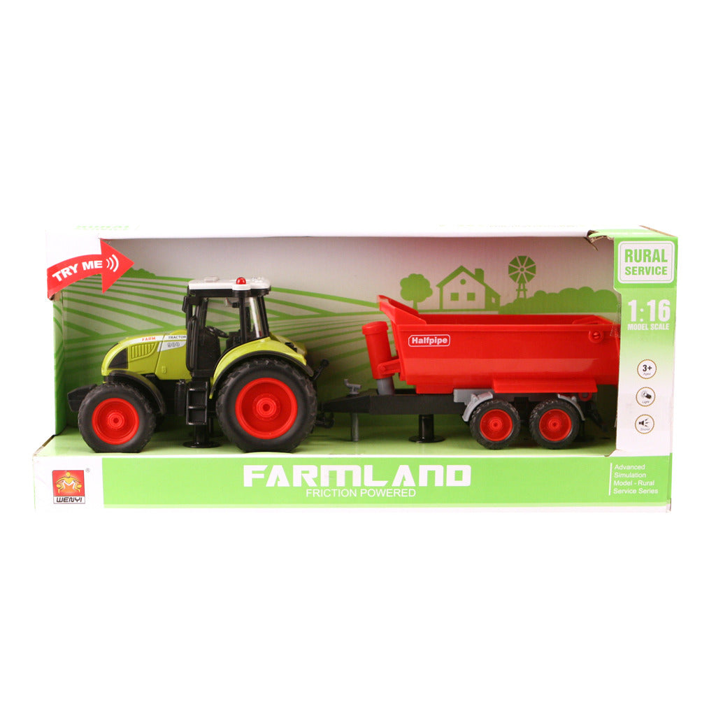 Basic Wenyi Farmland Tractor + Aanhanger met Licht en Geluid 1:16 Rood