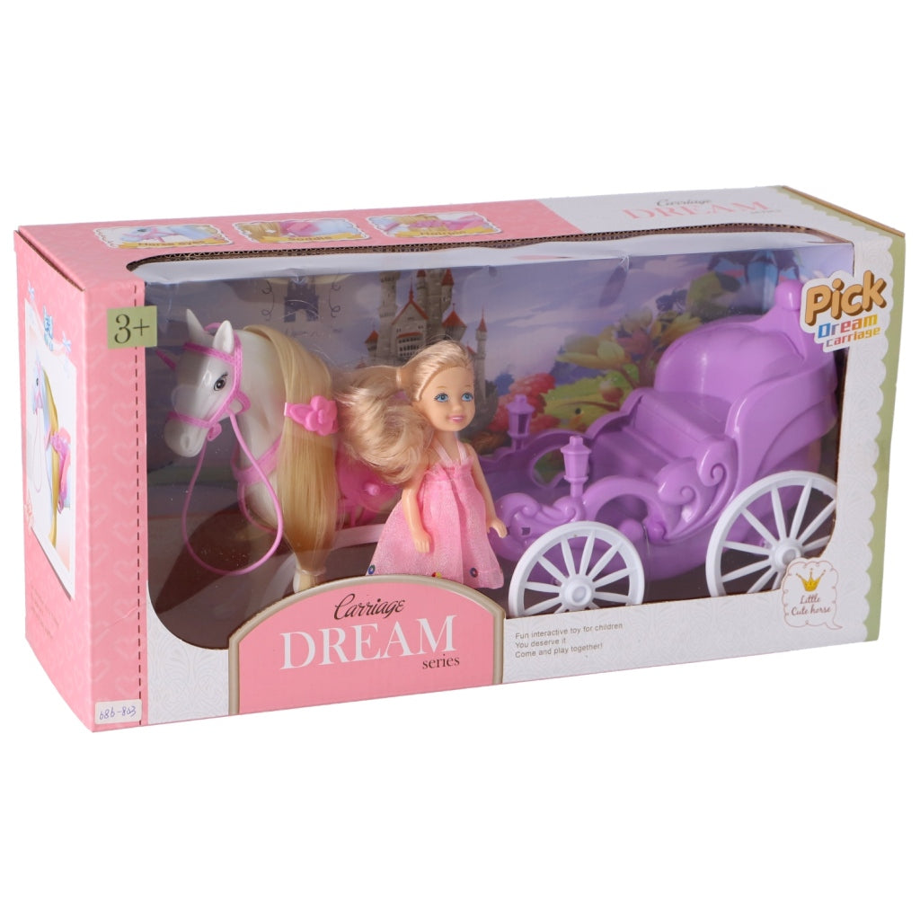 Autres marques cheval avec calèche + coffret de jeu de poupée assorti