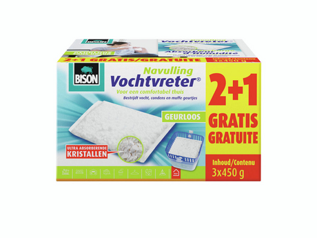 Bison Moisture Absorber® sachet de recharge neutre 3x 450 g convient pour Moisture Absorber®, lutte contre l'humidité élevée, aucune pile nécessaire, convient également aux caravanes et camping-cars