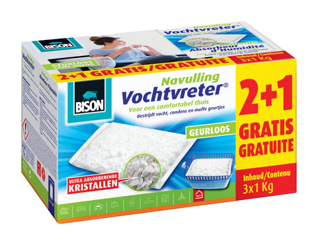 Bison Moisture Absorber® Sac de recharge neutre 3x 1 kg adapté pour Moisture Absorber®, lutte contre l'humidité élevée, aucune pile nécessaire, convient également aux caravanes et camping-cars