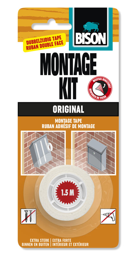 Kit de montage Bison ruban adhésif direct 1,5 m x 19 mm, adhérence initiale élevée, double face, puissant, rouleau de 120 kg, montage sans clous ni vis, durable