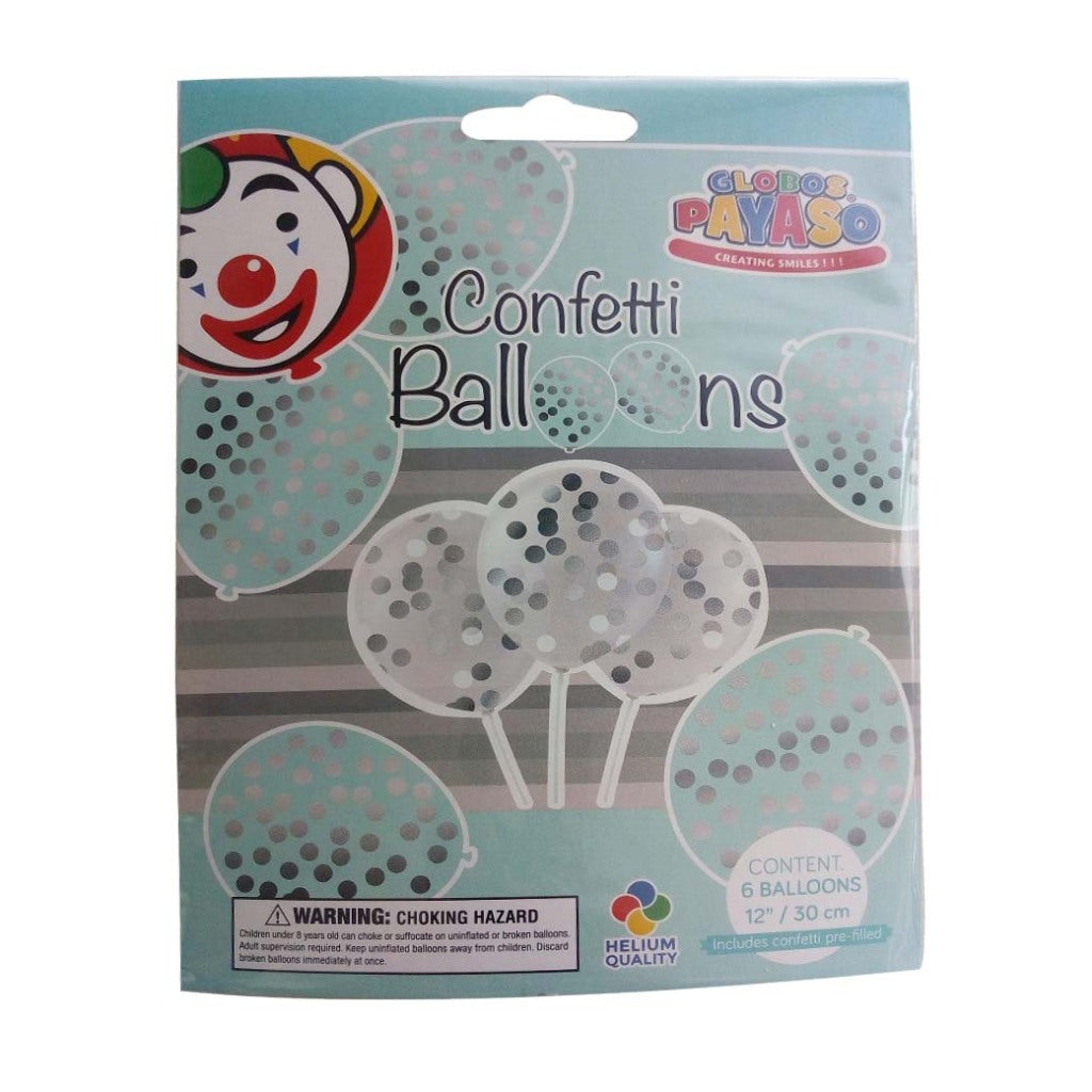 Palloncini glogos con coriandoli 6 pezzi Silver trasparente