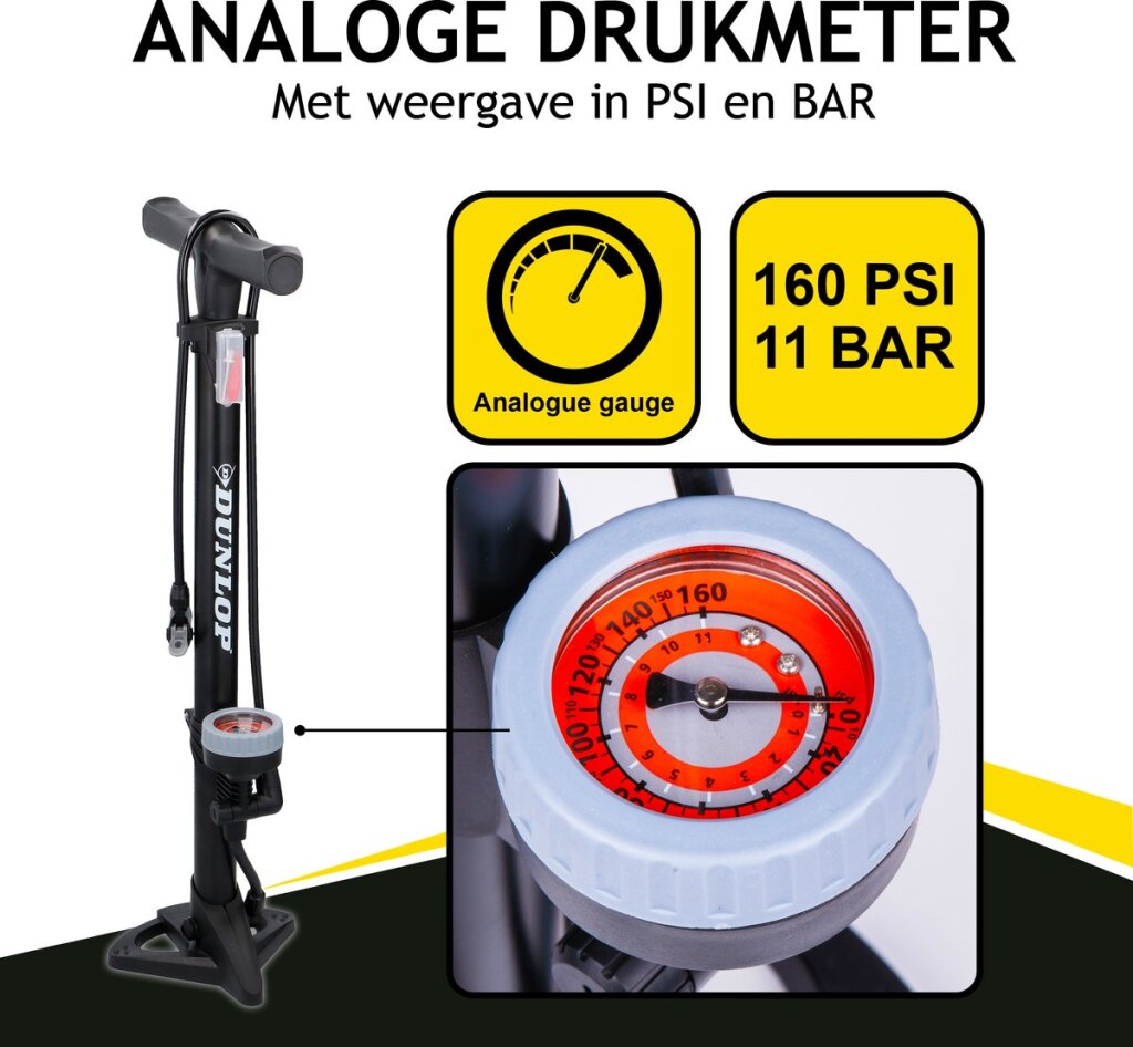 Dunlop Standing Bicycle Pump Version analogique METTRE ANALOGE METTRE DOUBLE VALVE NOIR