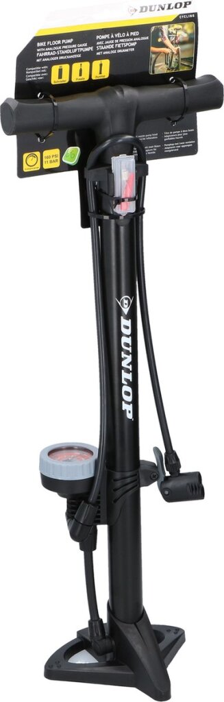 Dunlop Standing Bicycle Pump Version Analog Print Meter Double Valve Head Black