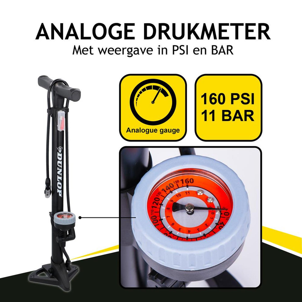 Dunlop – pompe à vélo verticale, modèle manomètre analogique, tête à Double valve, noire