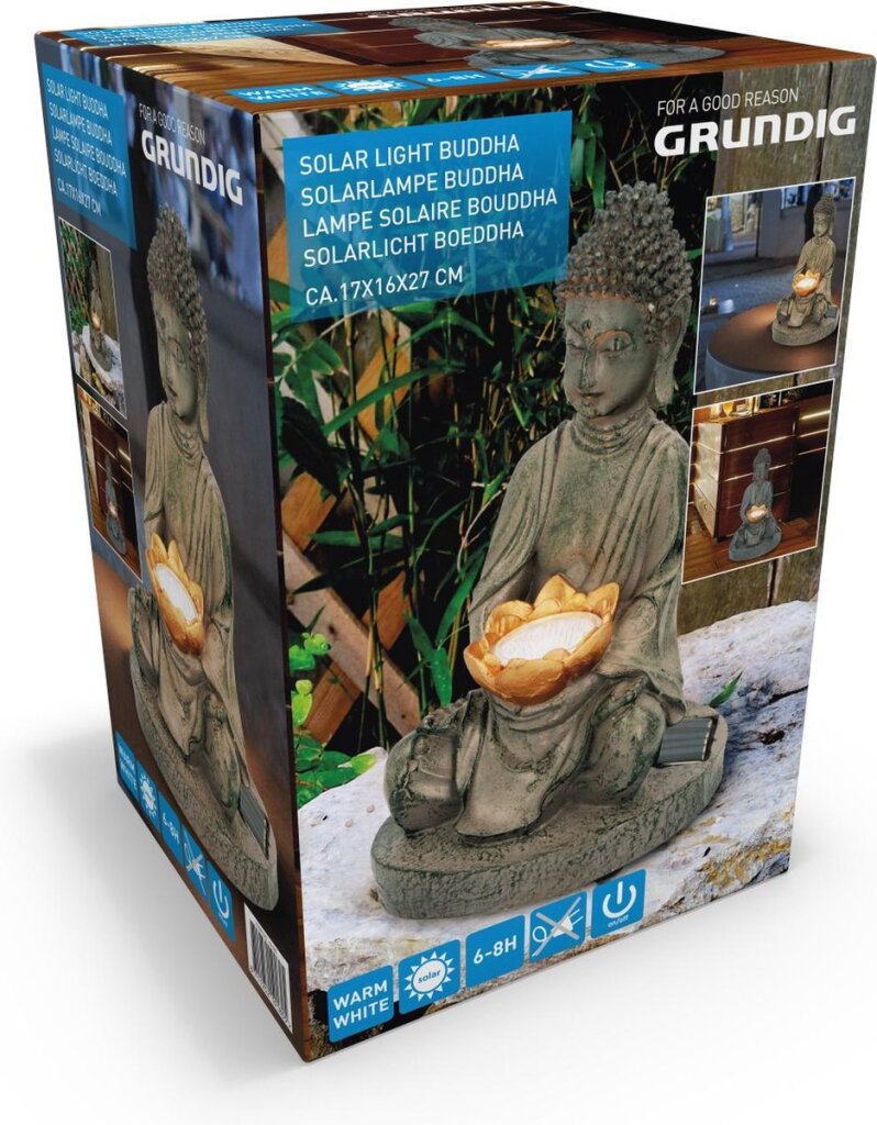 Grundig grundig boeddha beeld met solarlamp led aan-uitknop brandduur 6-8 uur 17x16x27cm