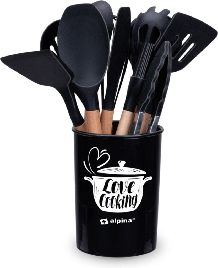 Alpina ensemble d'ustensiles de cuisine avec support 12 pièces d'ustensiles en silicone avec manche en bois noir