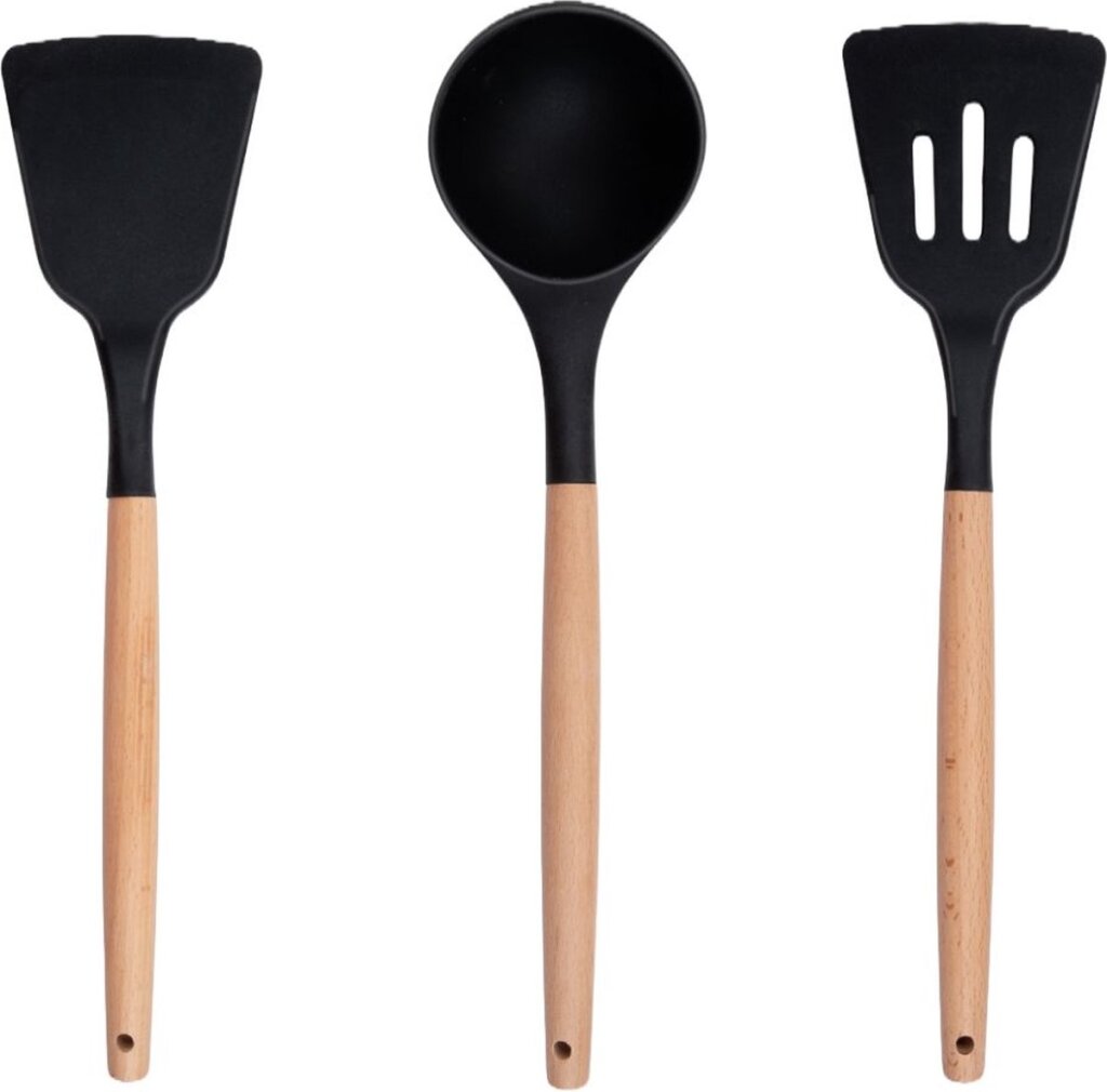 Alpina ensemble d'ustensiles de cuisine avec support 12 pièces d'ustensiles en silicone avec manche en bois noir