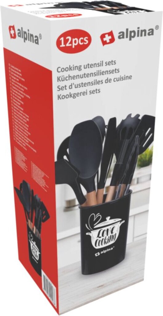 Alpina ensemble d'ustensiles de cuisine avec support 12 pièces d'ustensiles en silicone avec manche en bois noir