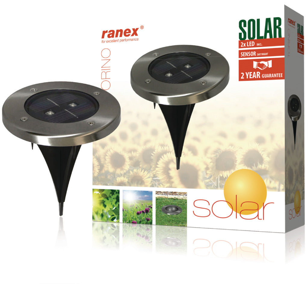 Ranex RA-5000389 Rund LED Solar Ground Spot Borsted Rostfritt stål Glas