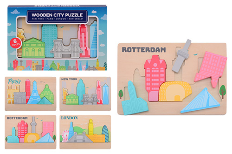Johntoy houten puzzel steden 4 assorti
