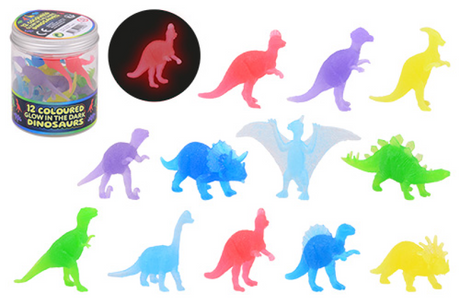 Johntoy brillent dans les figurines de jeu de dinosaures colorées sombres, 12 pcs.