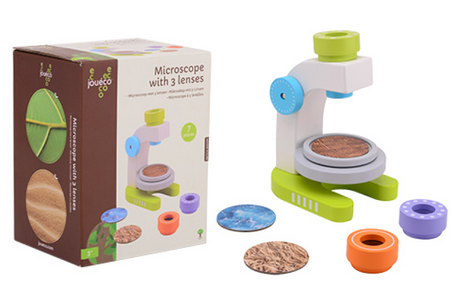 Microscope en bois Joueco avec 3 lentilles, 7 pièces.