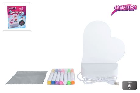 Tableau lumineux Glamour van crinière coeur avec connexion USB et 7 marqueurs 16cm.