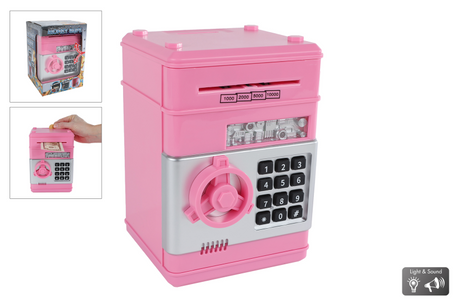 Jouet coffre-fort Van Manen avec code secret rose 19,5 cm.