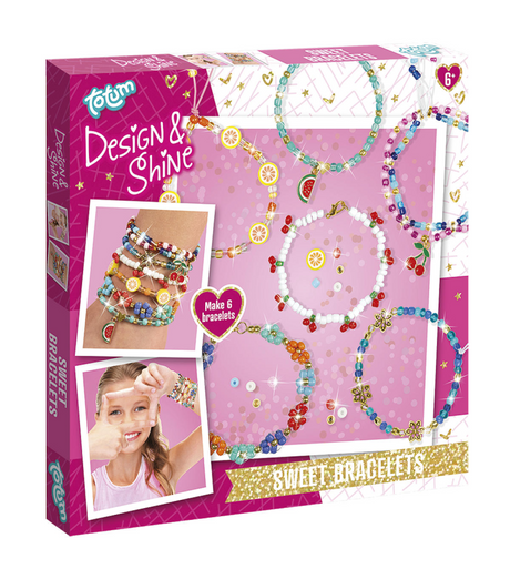 Totum design Shine 6 perles pour réaliser des bracelets avec breloques fruits, cœurs et fleurs - bracelets doux coffret bijoux astuce cadeau jouets créatifs à partir de 6 ans
