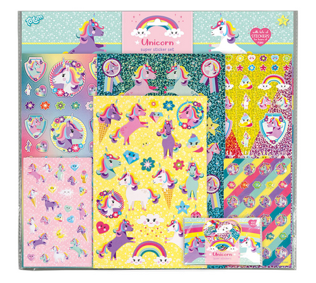 Autocollants licorne Totum super set d'autocollants xl 8 feuilles - incl. autocollants de luxe sur le thème de la licorne 38 x 36 cm - jeux inclus - jouets créatifs pour filles et garçons à partir de 3 ans
