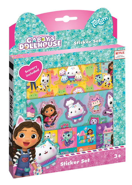 Totum Gabby's Dollhouse Sticker Set 3 feuilles d'autocollants avec décor de jeu - Gabby's Dollhouse - jouets créatifs pour filles à partir de 3 ans