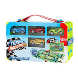 Mallette collector Turbo Racers avec voitures et tapis de jeu, 6 pièces.