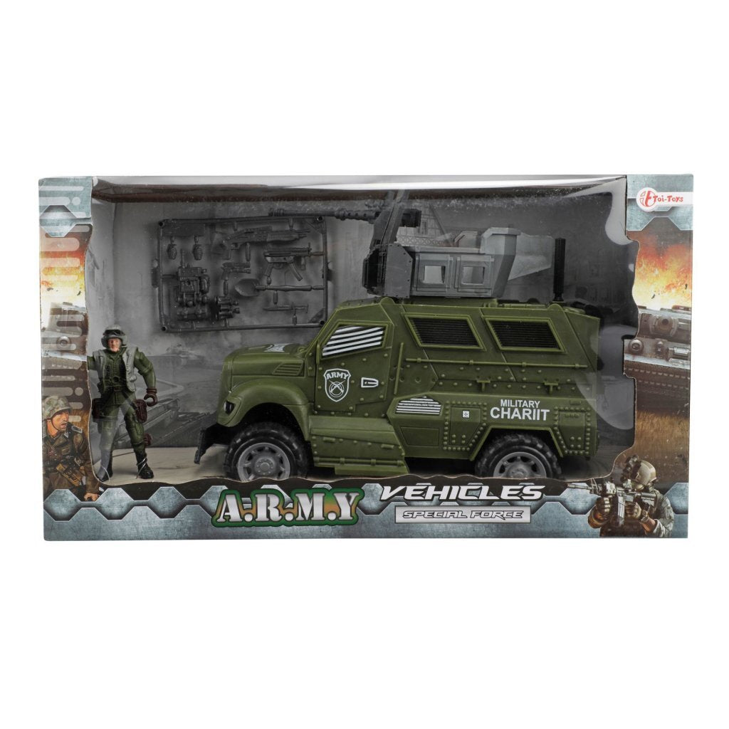 Véhicule militaire de l'armée + soldat et accessoires différents modèles