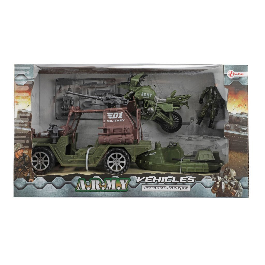 Véhicule militaire de l'armée + soldat et accessoires différents modèles