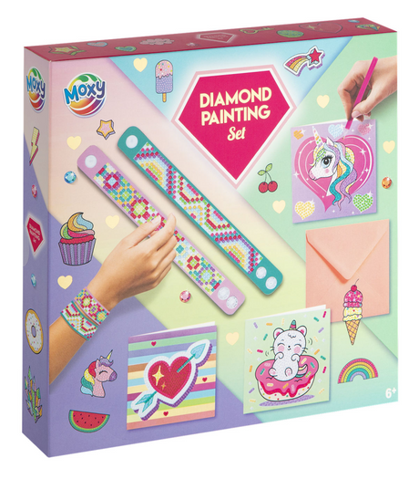 Kit de peinture diamant Moxy - Kit d'artisanat créatif pour enfants - 6 ans et plus - comprenant des accessoires et des pierres colorées - fabrication de bracelets - cartes de peinture diamant - autocollants de peinture diamant